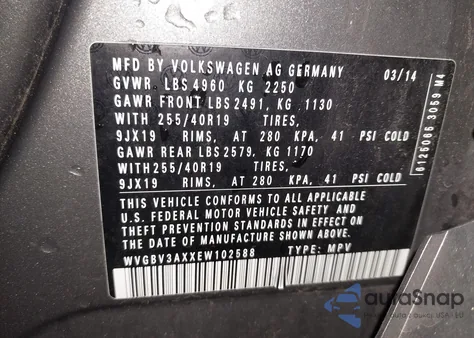 2014 Volkswagen Tiguan R-Line from USA, damaged, VIN WVGBV3AXXEW102588